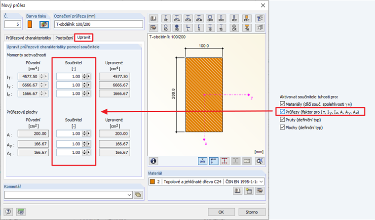 Zohlednění součinitelů násobení pro průřezy