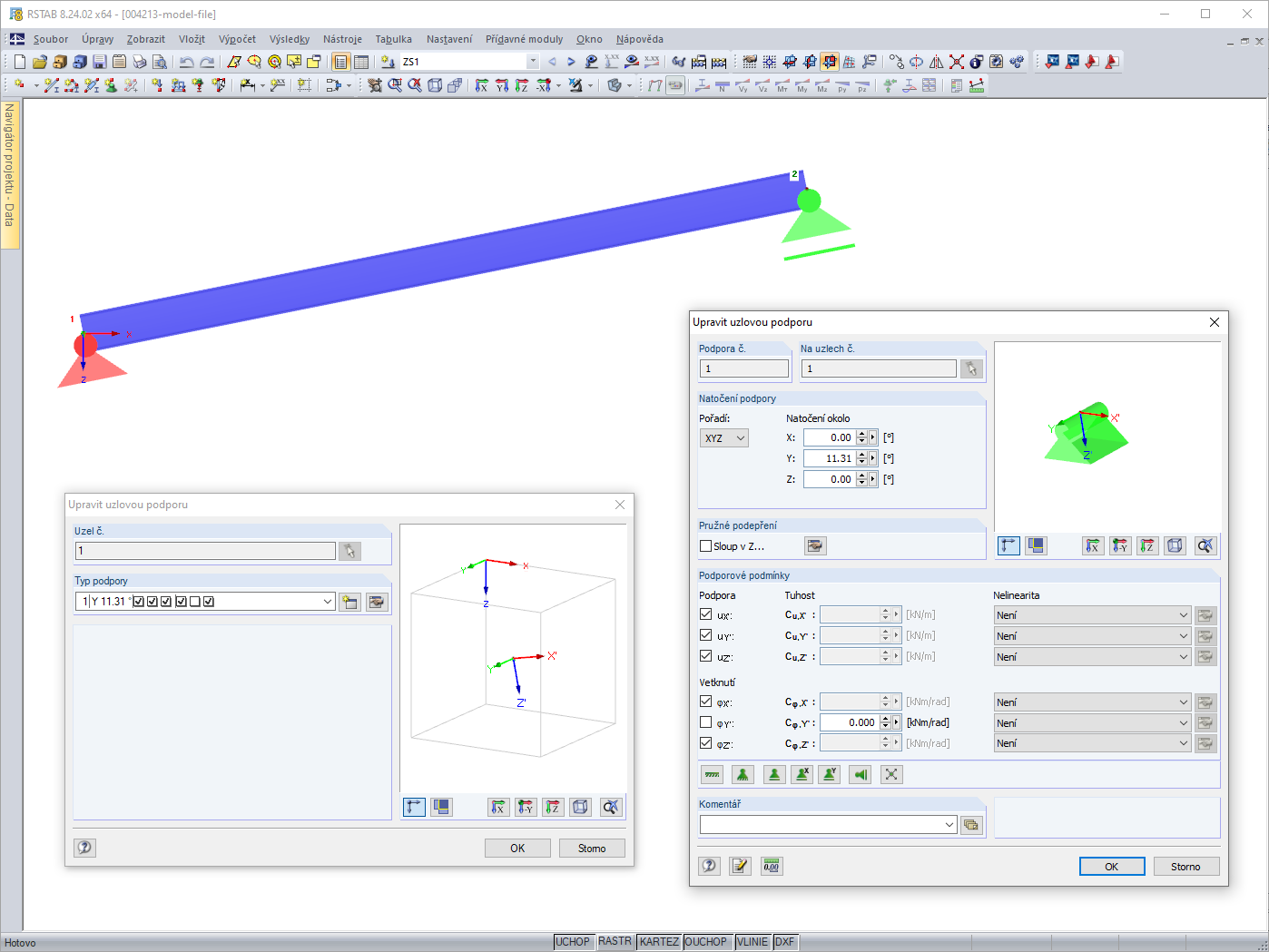 Dialog Upravit uzlovou podporu - Natočení podpory