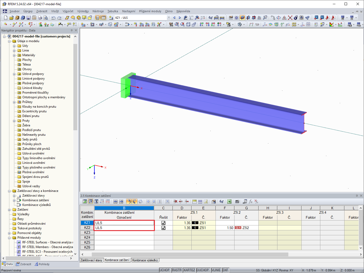Popis kombinace zatížení