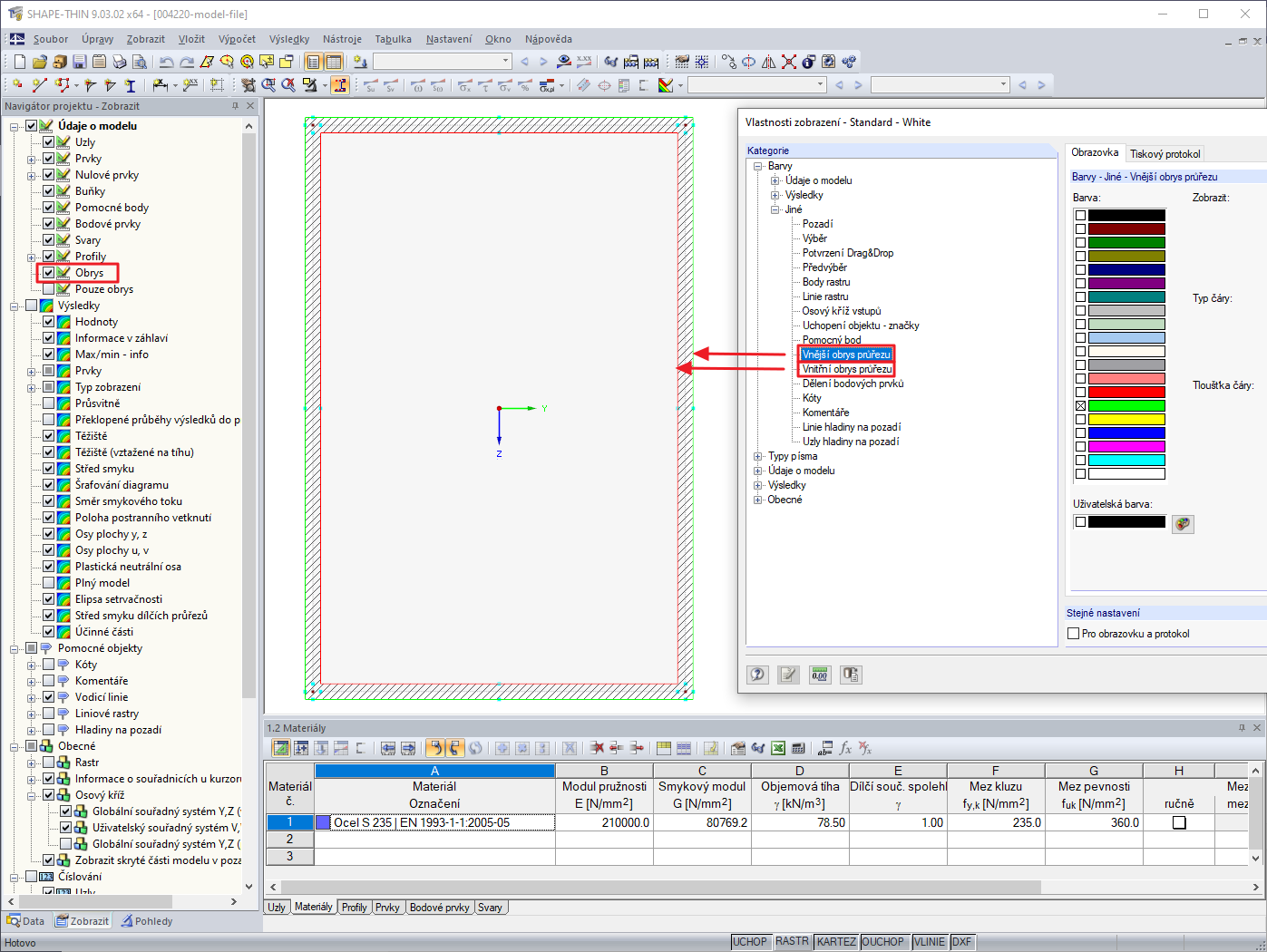 Vlastnosti zobrazení pro obrys průřezu