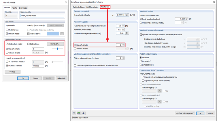 Nastavení úrovně detailů v programu RWIND Simulation (vlevo) a v programu RFEM (vpravo)