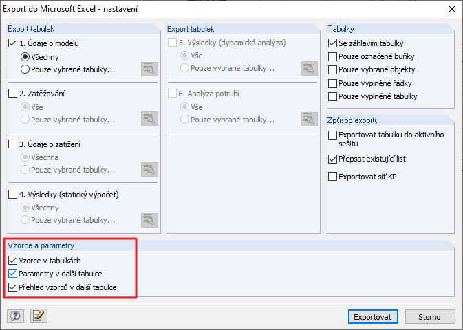 Export do Microsoft Excel - nastavení