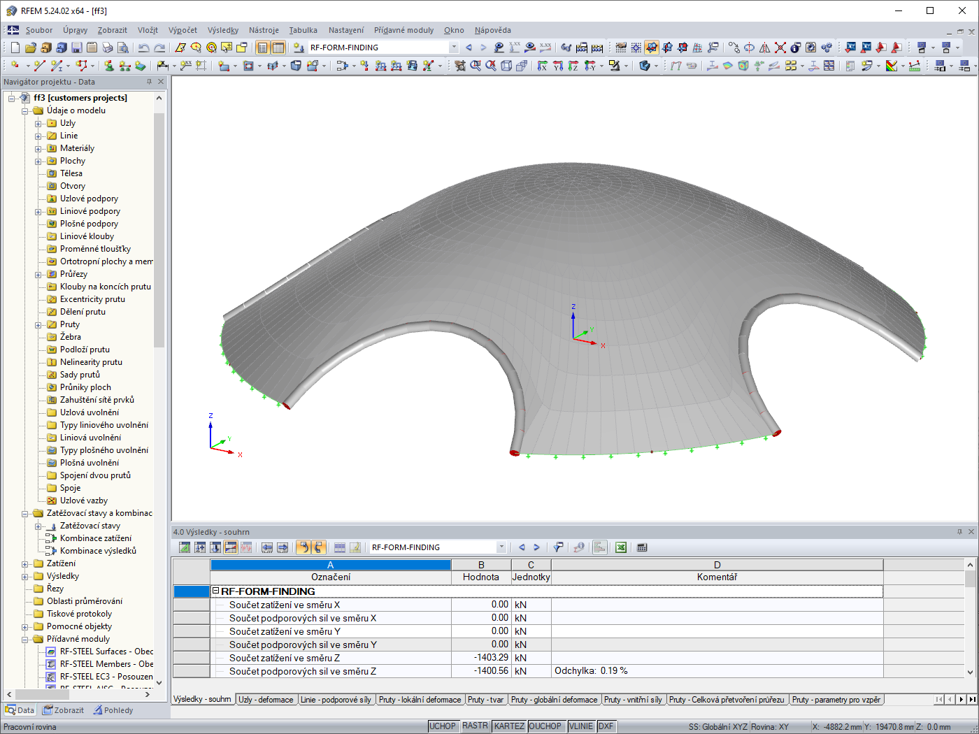 Form-finding plošné konstrukce namáhané tlakem