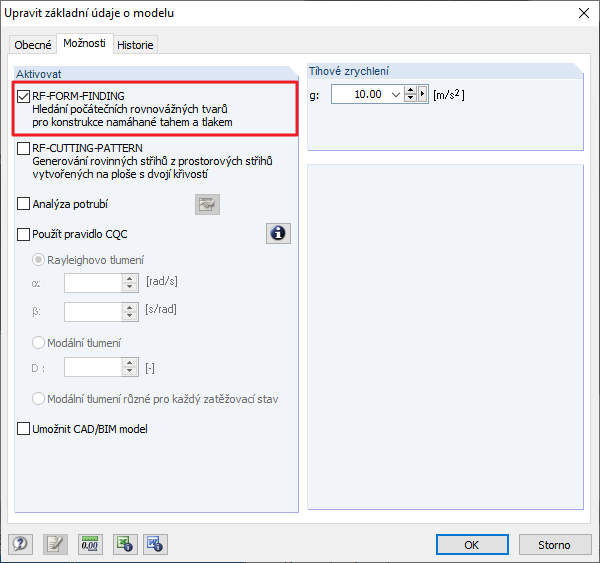 Aktivace možností pro form-finding