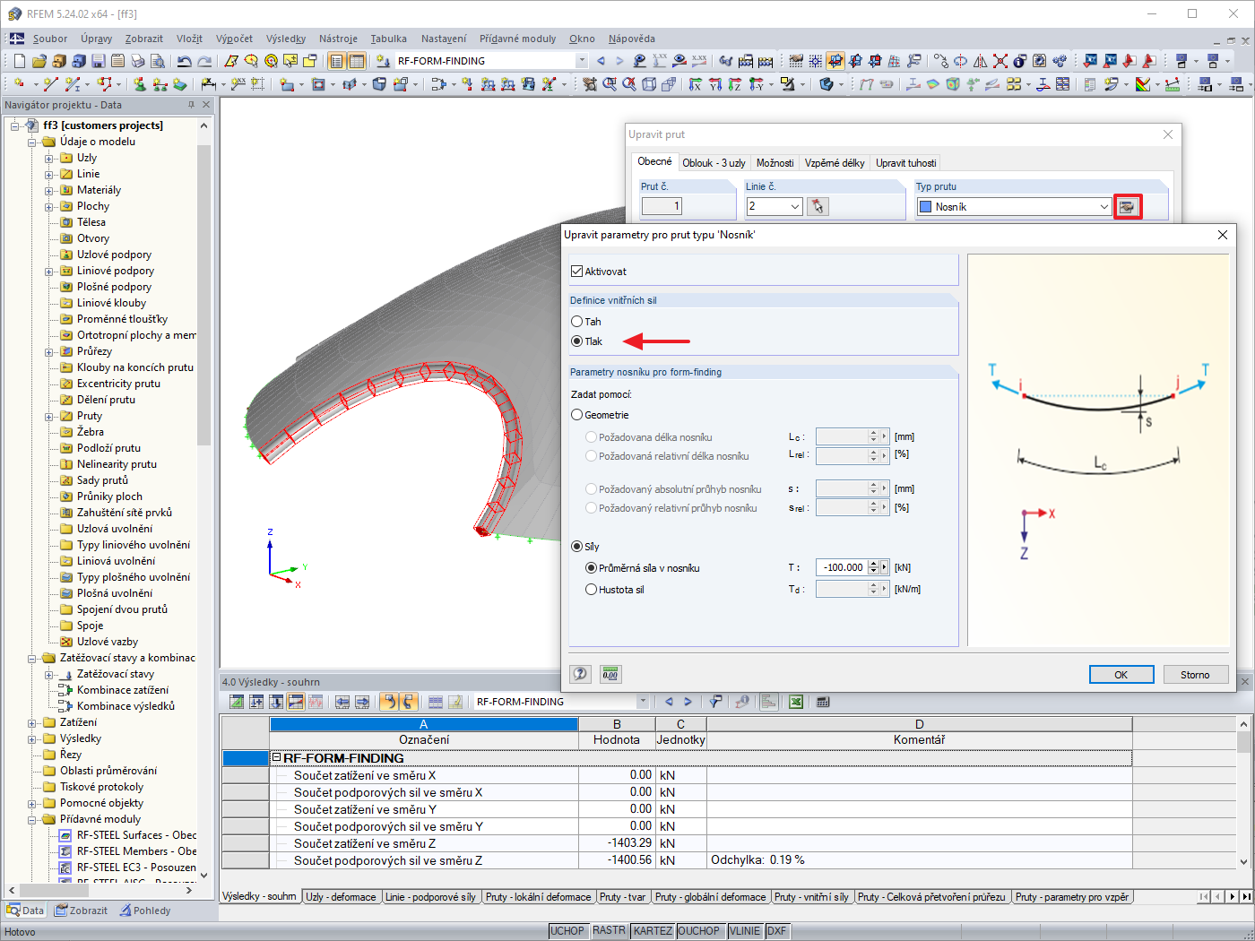 Nastavení form-findingu pro nosník