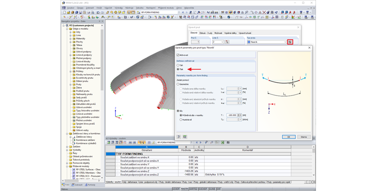 Nastavení form-findingu pro nosník