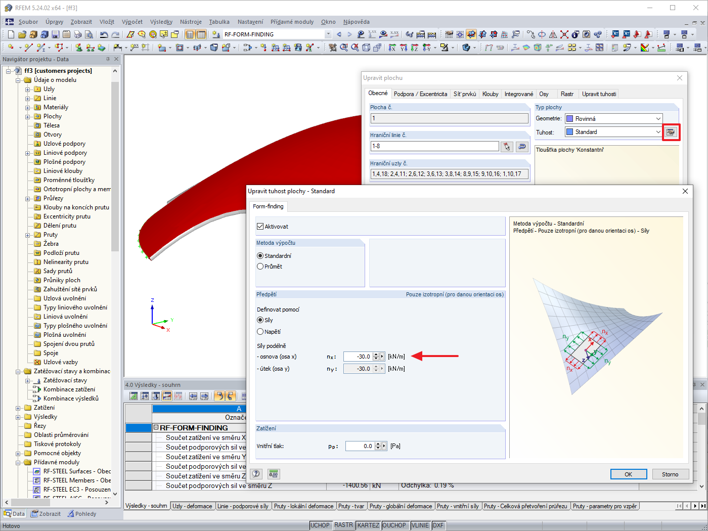 Nastavení form-findingu pro plošný prvek