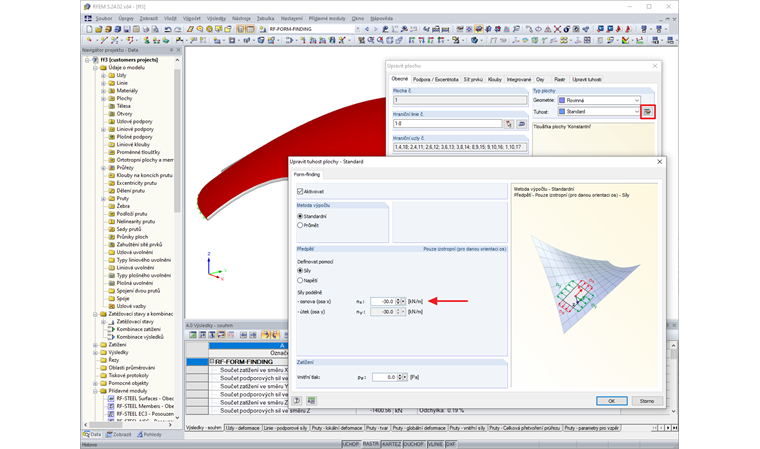 Nastavení form-findingu pro plošný prvek