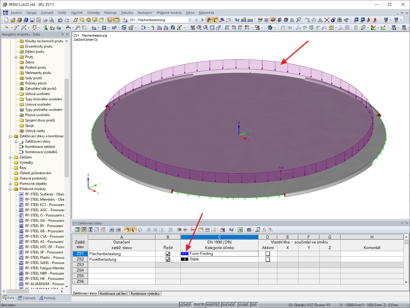 Zadání vnějšího zatížení pro formfinding