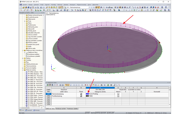 Zadání vnějšího zatížení pro formfinding