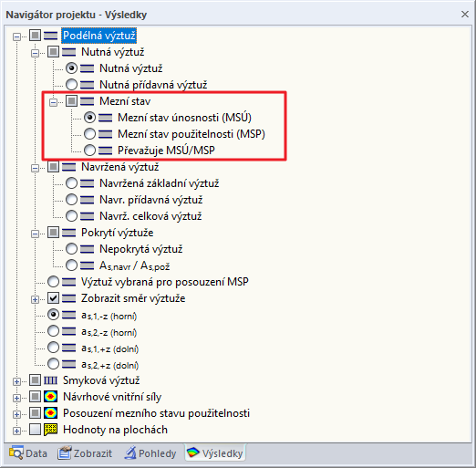 Navigátor Výsledky pro výsledky z přídavného modulu RF-CONCRETE Surfaces