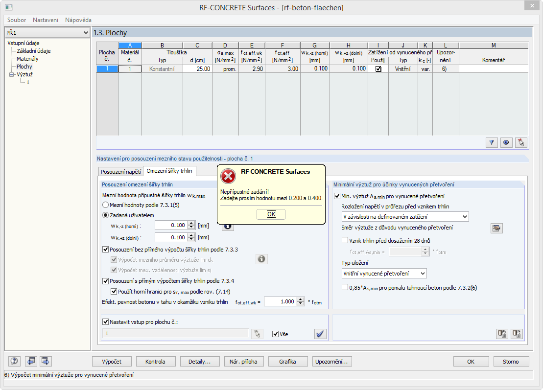 Chybové hlášení při zadávání šířky trhlin 