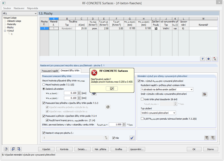 Chybové hlášení při zadávání šířky trhlin 