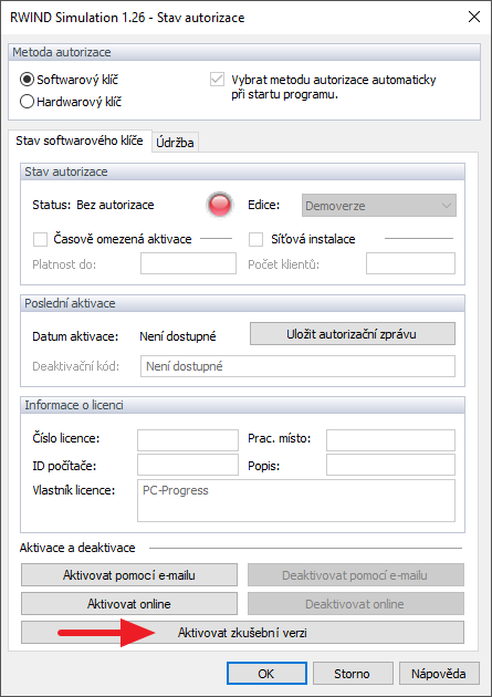 Aktivace zkušební licence