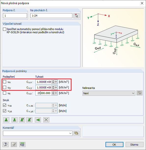 Pevná podpora plochy ve směru x a y