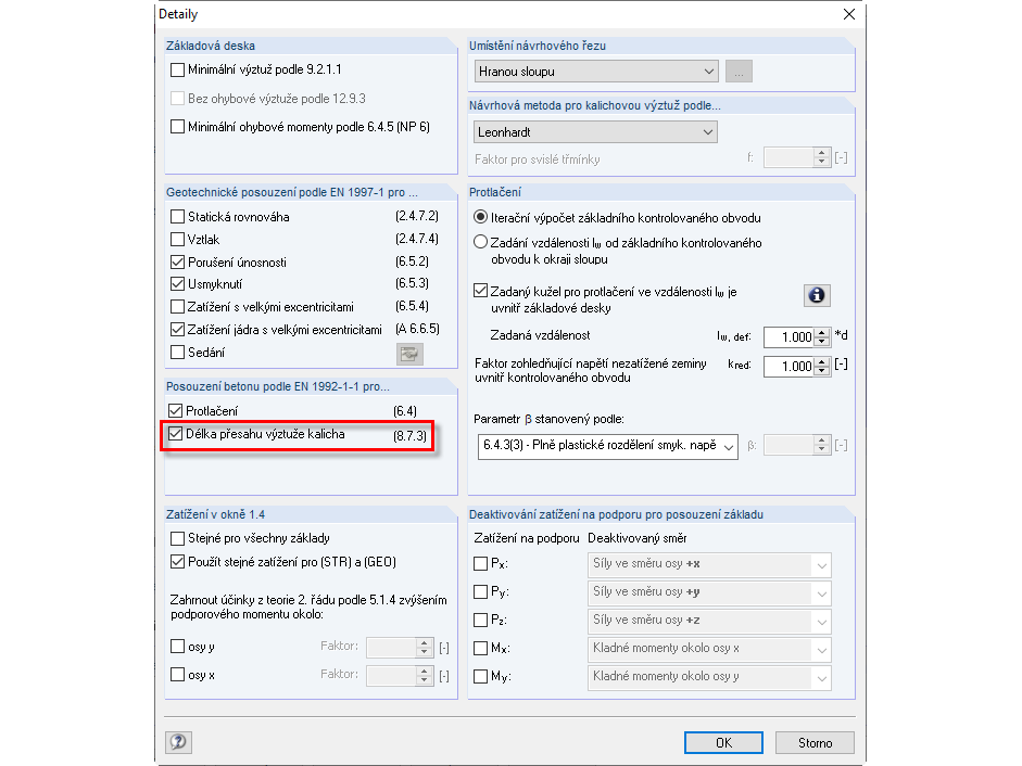 Nastavení detailů pro posouzení v přídavném modulu RF-/FOUNDATION Pro
