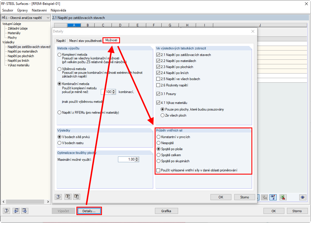 Průběh vnitřních sil v přídavném modulu RF-STEEL Surfaces