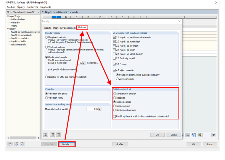 Průběh vnitřních sil v přídavném modulu RF-STEEL Surfaces