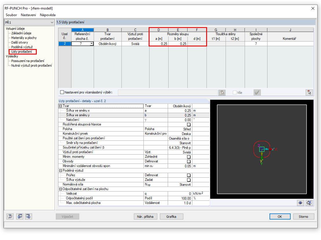 Vstupní tabulka 1.5 se zadáním rozměrů sloupu pro spojovací prut