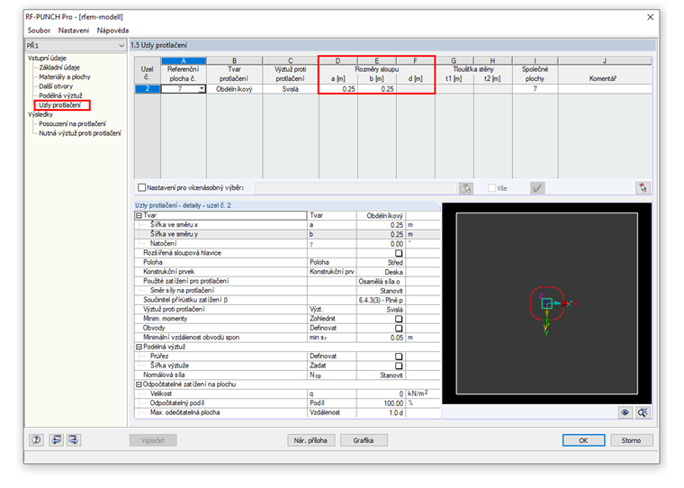 Vstupní tabulka 1.5 se zadáním rozměrů sloupu pro spojovací prut