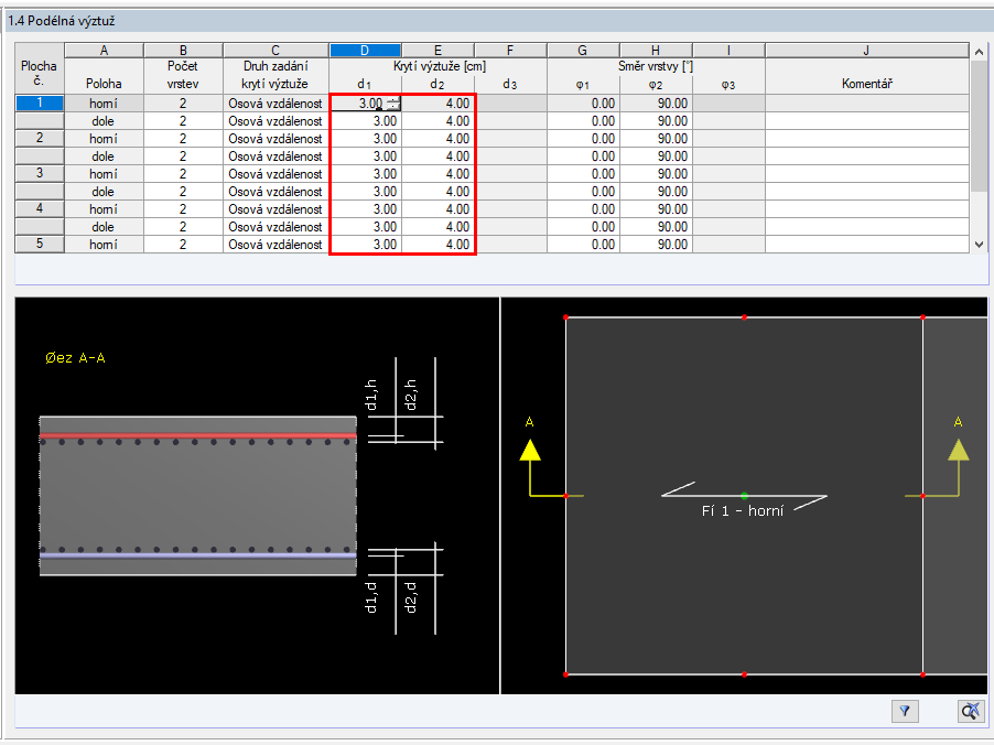 Dialog „1.4 Podélná výztuž“ s nastavením krycí betonové vrstvy