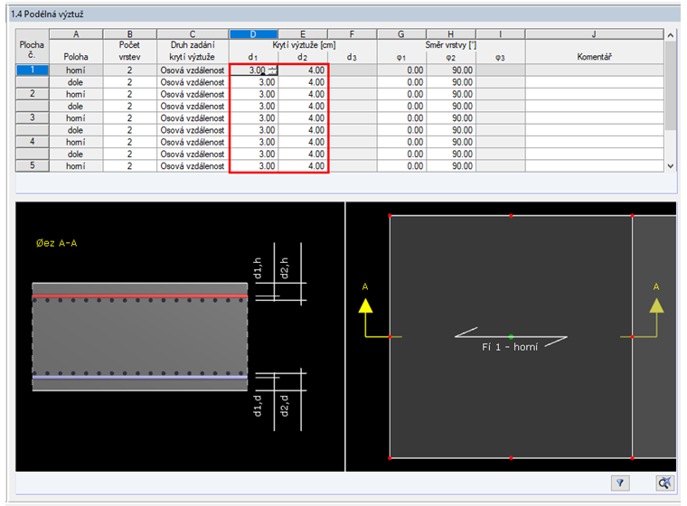 Dialog „1.4 Podélná výztuž“ s nastavením krycí betonové vrstvy