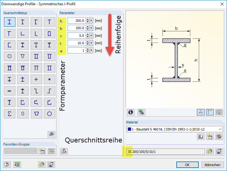 Parametry a pořadí běžně parametricky definovaných průřezů