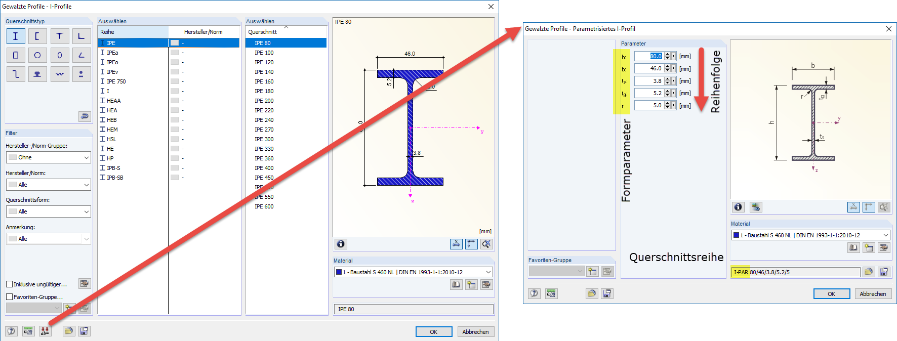Parametry a pořadí válcovaných parametricky definovaných průřezů