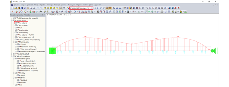Rozložení nutné výztuže bez minimální podélné výztuže podle normy