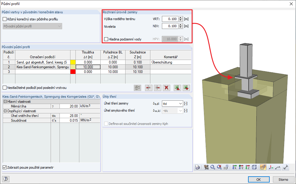 Dialog "Půdní profil" s definováním výšky půdního profilu