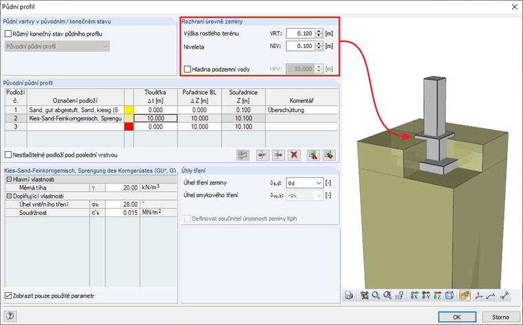 Dialog "Půdní profil" s definováním výšky půdního profilu