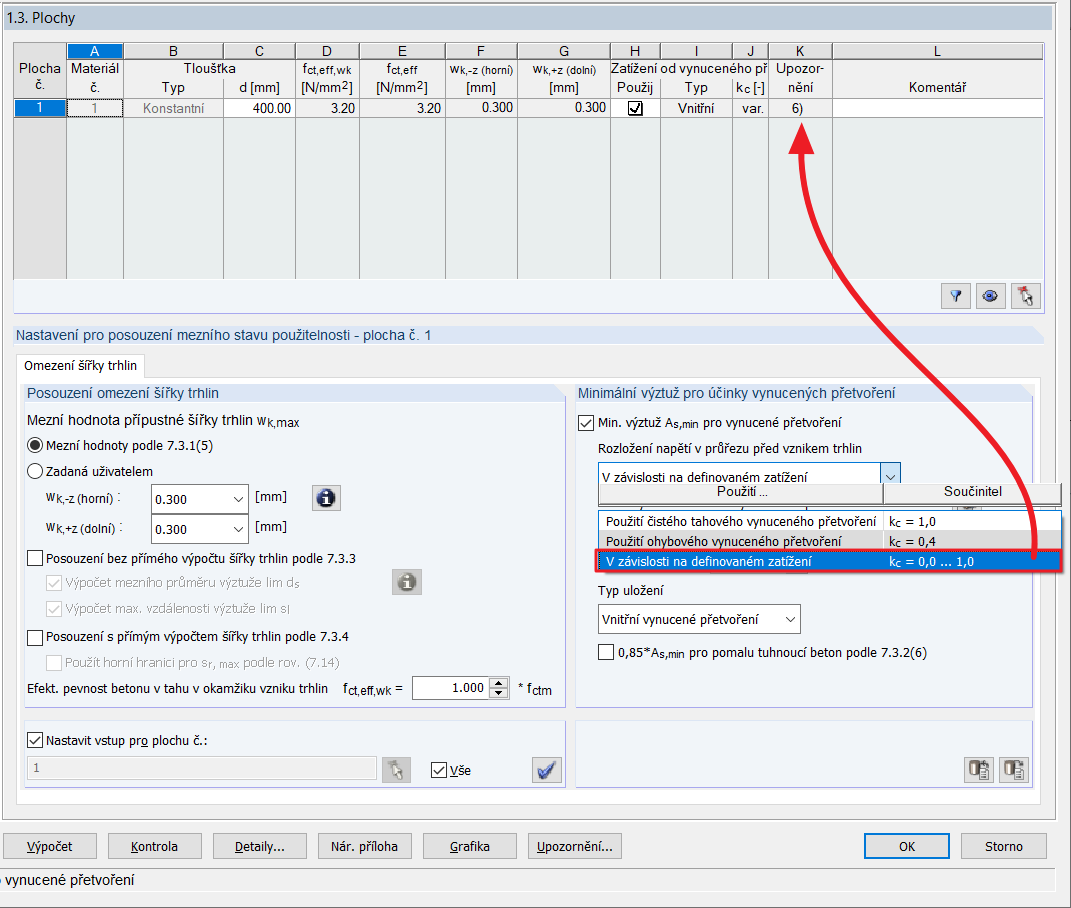 Vstupní dialog „1.3 Plochy“ s nastavením pro „Omezení šířky trhlin“