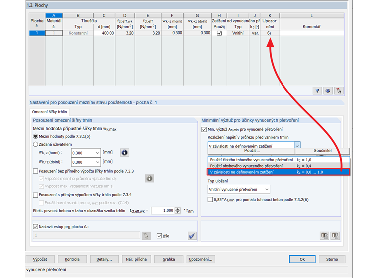 Vstupní dialog „1.3 Plochy“ s nastavením pro „Omezení šířky trhlin“