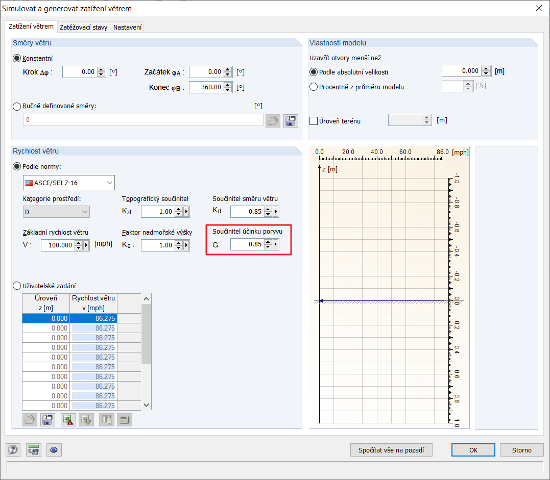 součinitel účinku poryvu