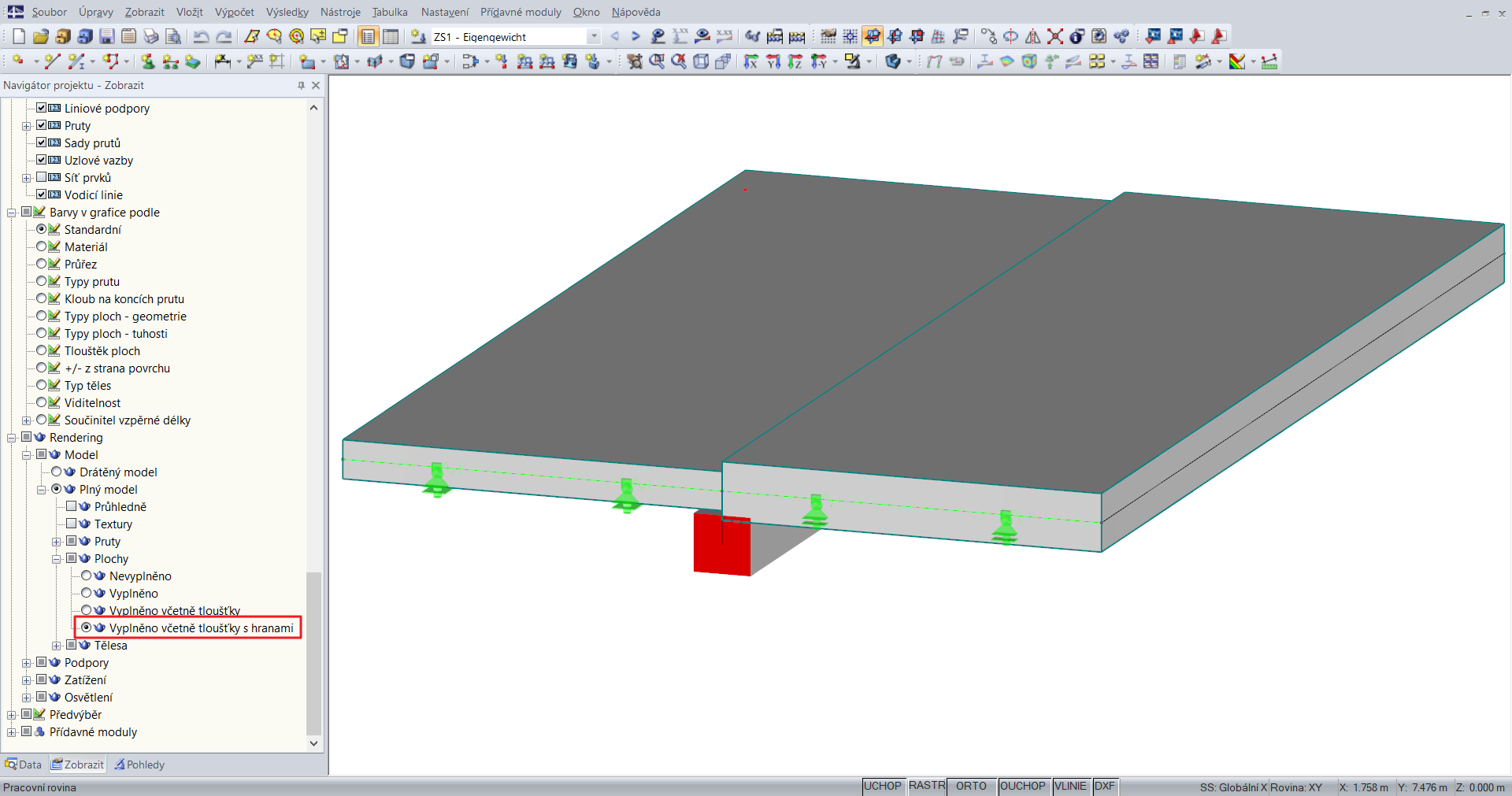 Model žebra s různými tloušťkami desek v programu RFEM