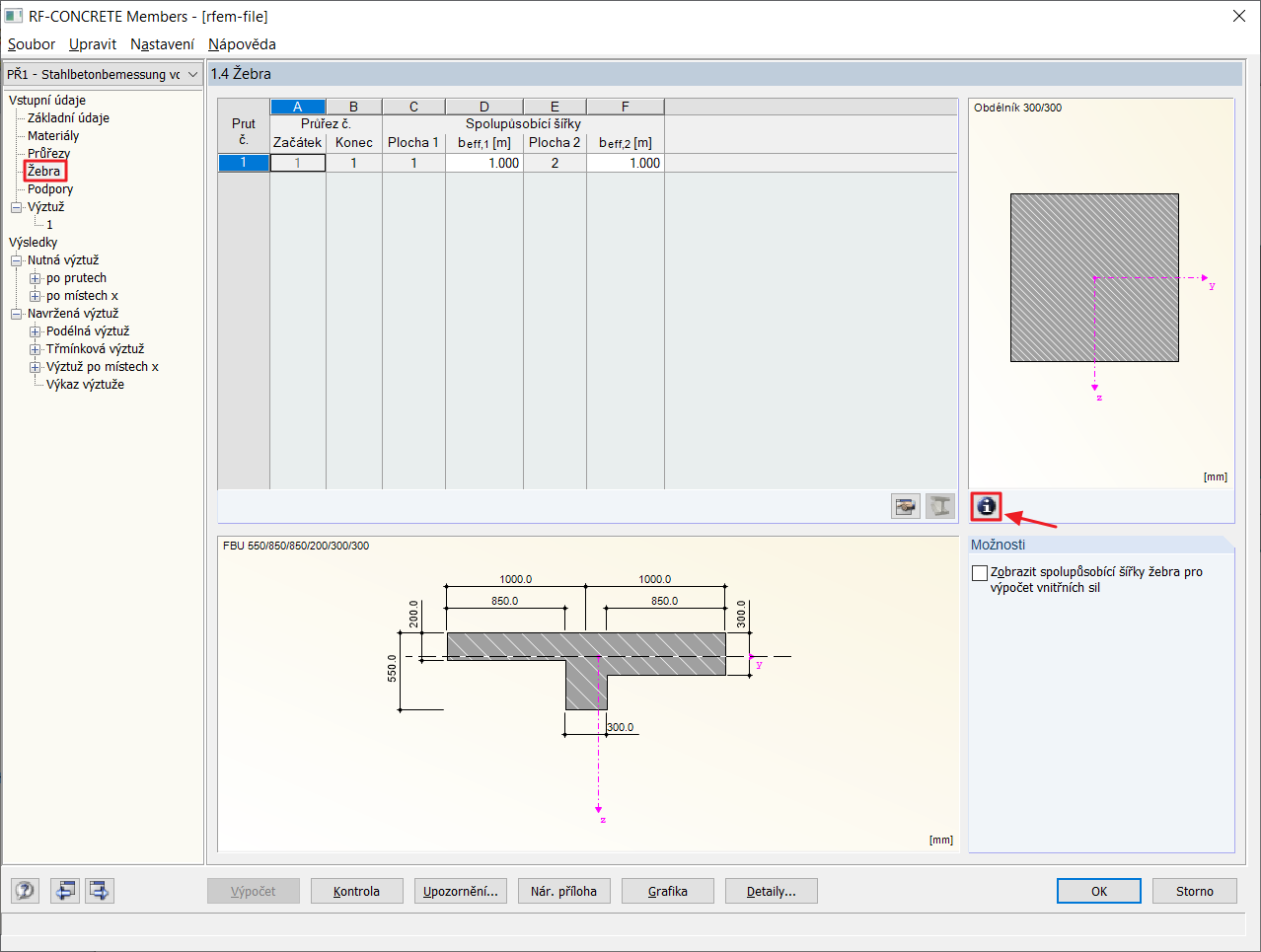 Dialog „1.4 Žebra“ v přídavném modulu RF-CONCRETE Members