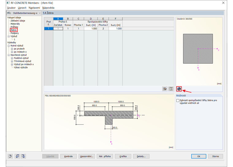Dialog „1.4 Žebra“ v přídavném modulu RF-CONCRETE Members