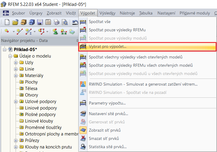 Funkce „Vybrat pro výpočet...“ v programu