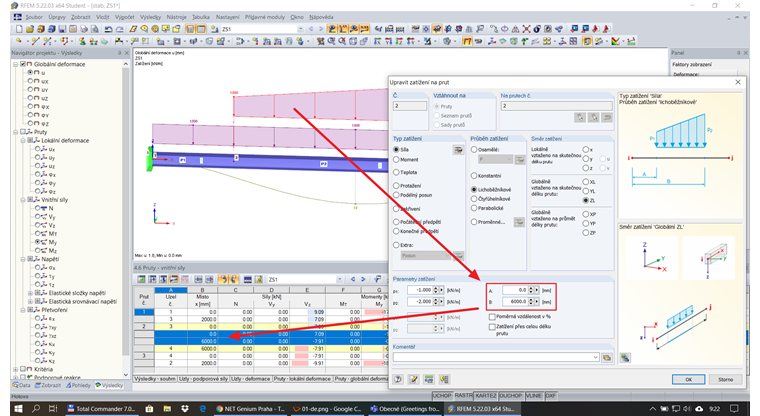 Zatížení na na prut definované po úsecích