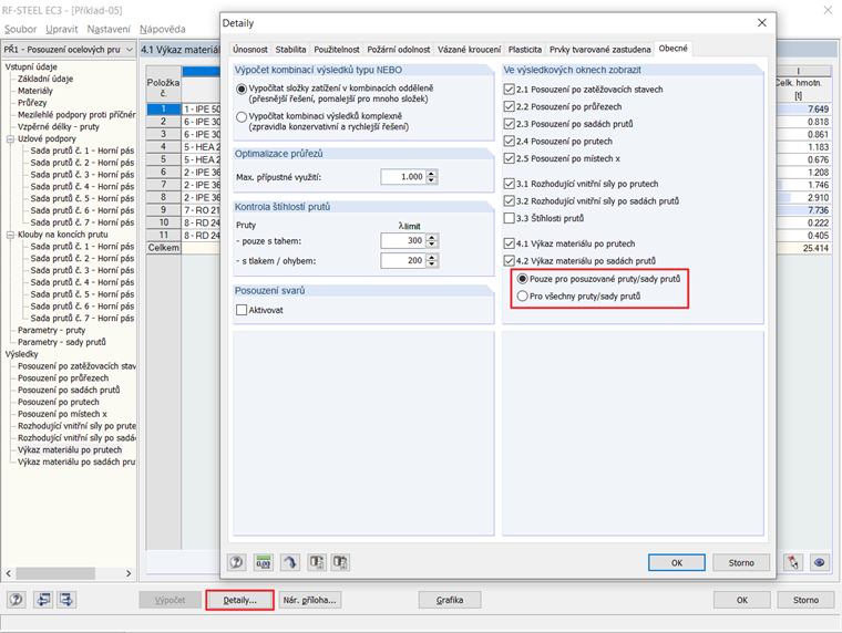 Nastavení výkazu pro všechny nebo jen pro posuzované pruty