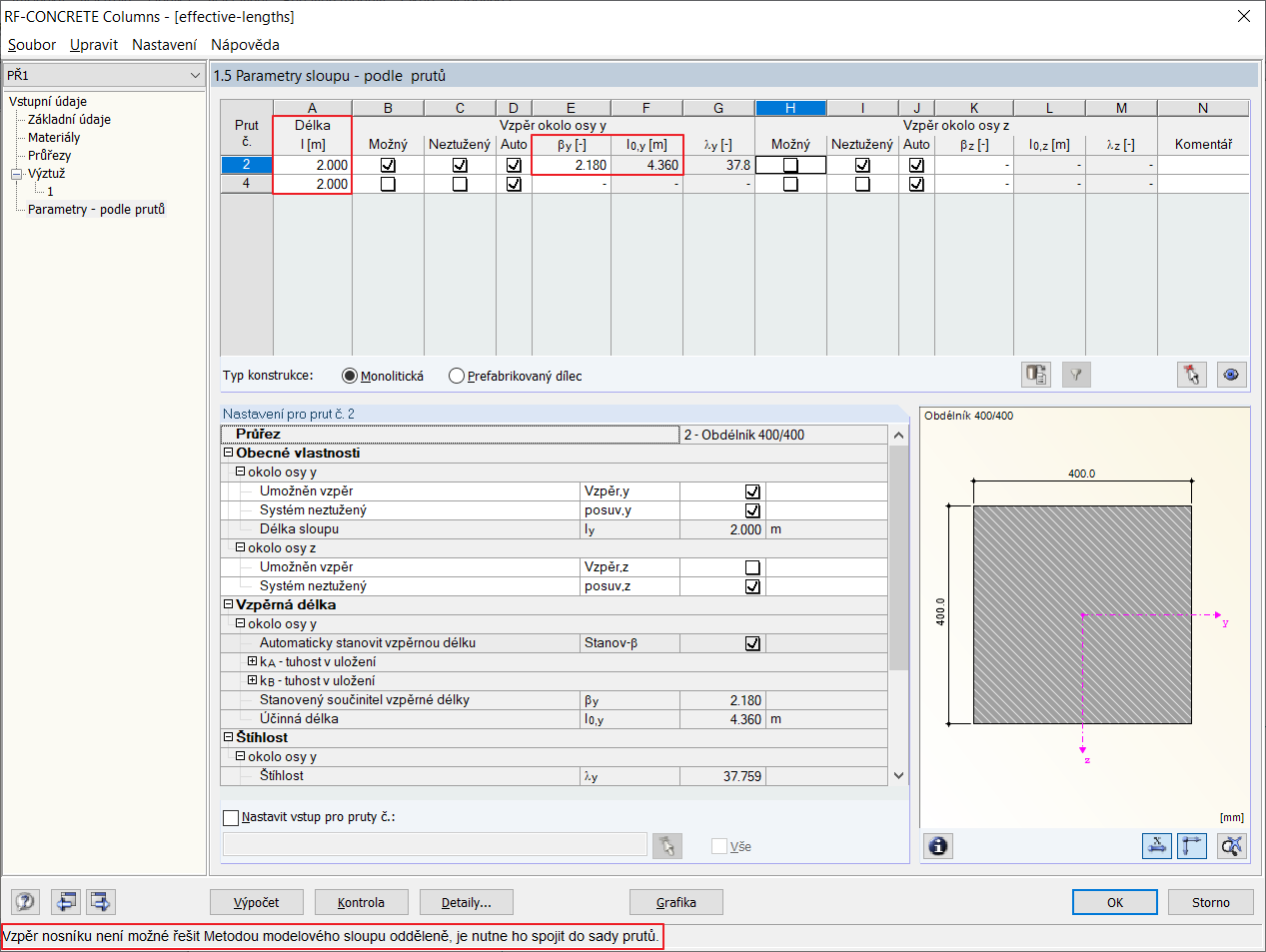 Upozornění pro samostatné sloupy