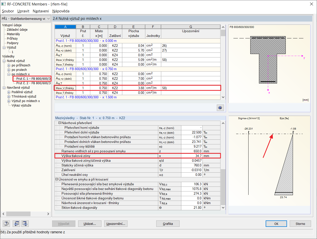 Hloubka tlakové oblasti a poloha neutrální osy v dialogu "2.4 Nutná výztuž po místech x"