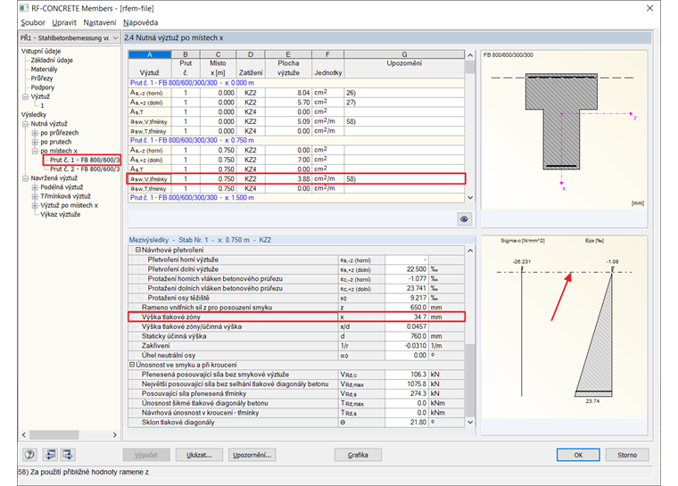 Hloubka tlakové oblasti a poloha neutrální osy v dialogu "2.4 Nutná výztuž po místech x"