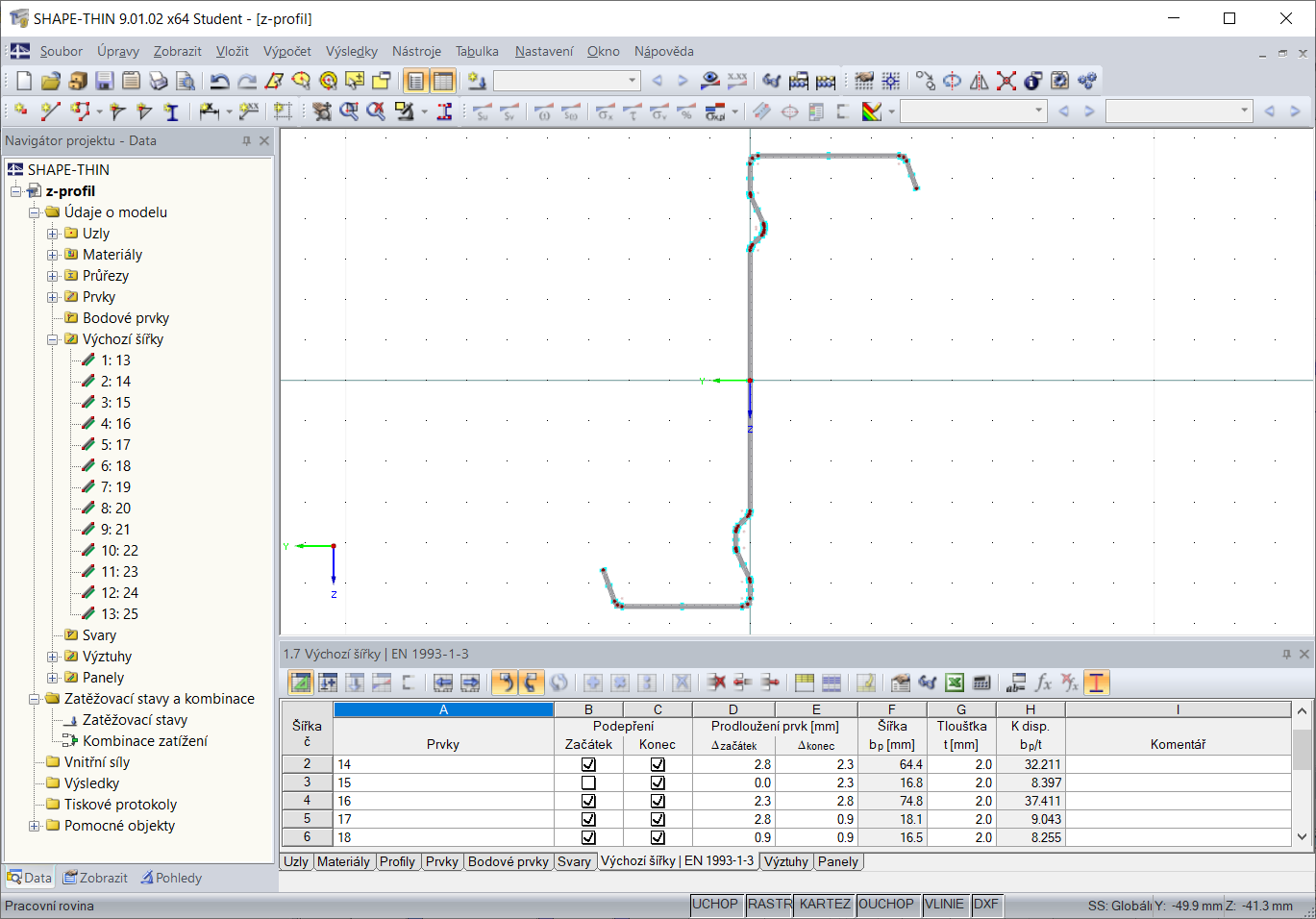 Tabulka 1.7 Výchozí šířky podle EN 1993-1-3