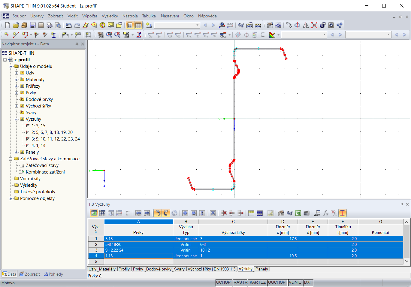 Tabulka 1.8 Výztuhy
