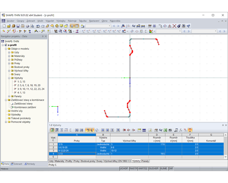 Tabulka 1.8 Výztuhy