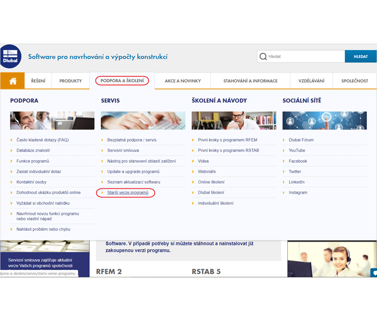 Starší verze programů na webové stránce Dlubal