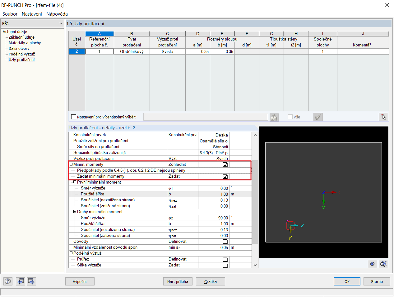 Dialog "1.5 Uzly protlačení" - Minimální momenty - Předpoklady nesplněny