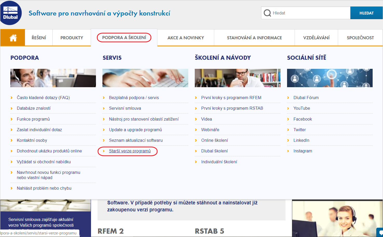 Starší verze programů na webové stránce Dlubal