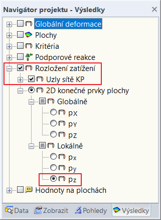Rozdělení zatížení v navigátoru Výsledky